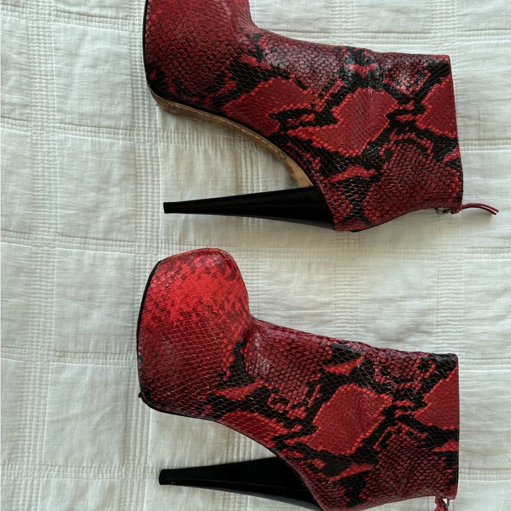 Red Snake Print High Heel Ankle Boots - Picture 9 of 10